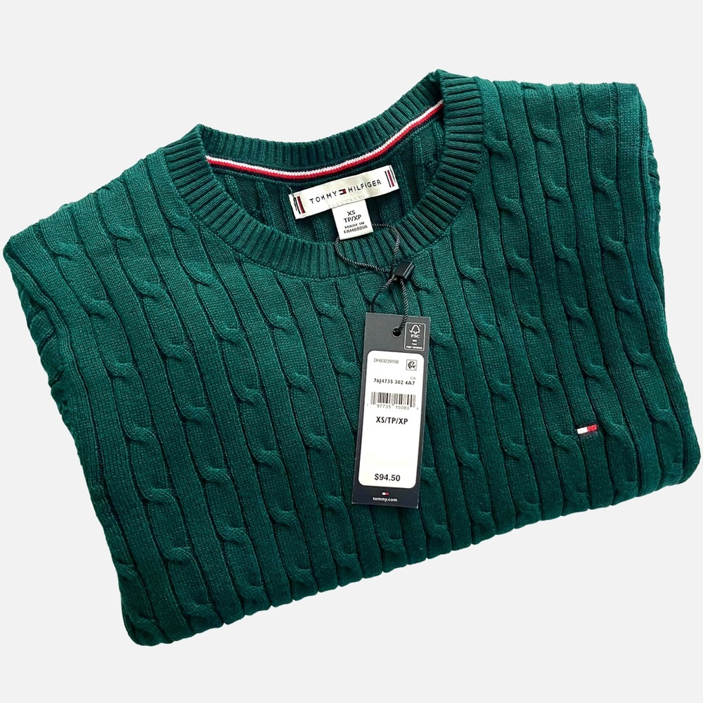 Tommy Hilfiger Cable Knit Cotton Sweater NWT XS Cypress Green